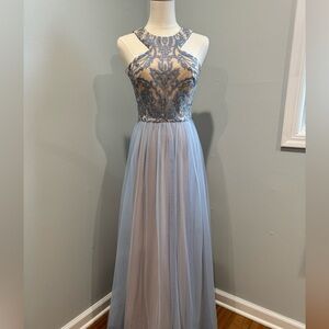 Elegant Blue and Cream Evening Gown